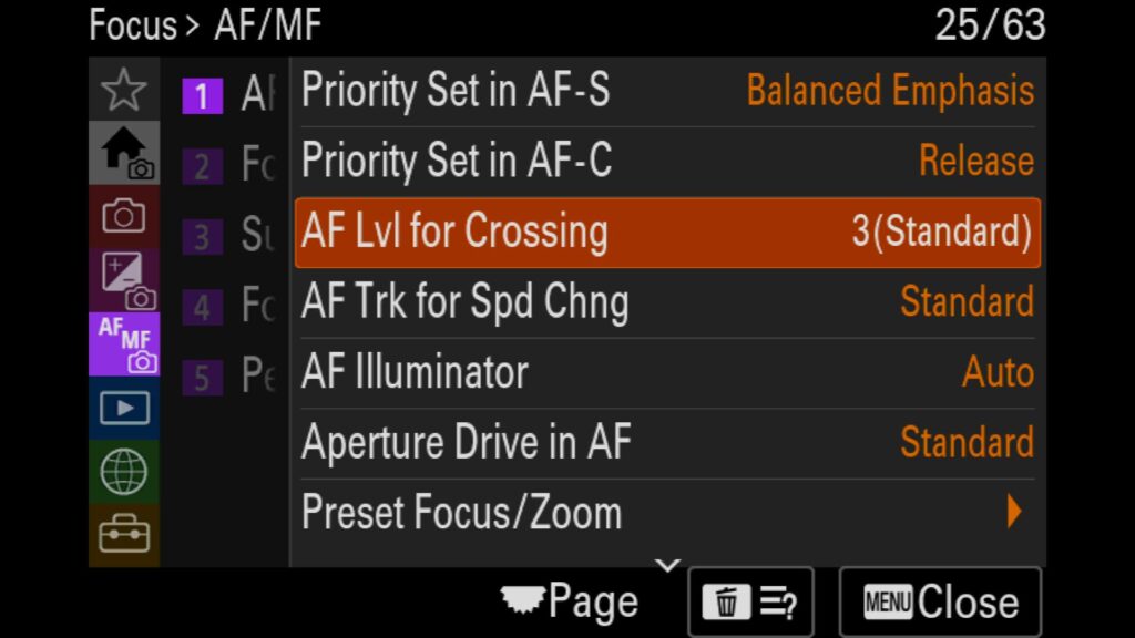 Adjusting the AF Sensitivity Settings, These settings are in the "Focus" menu under "AF/MF". You will find both "AF Lvl for Crossing" and "AF Trk for Spd Chang." For the Sony a1 II by Colby Brown Photography.