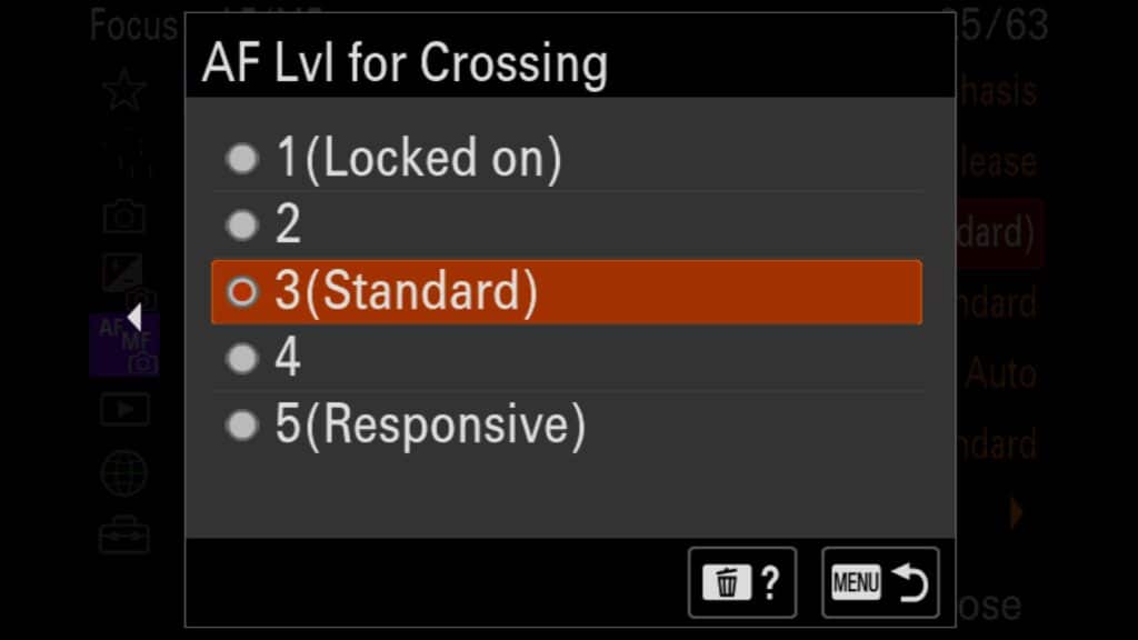 AF Level for Crossing - Adjust the sensitivity for when something crosses in front of the subject you are tracking. Your options: 1 (Locked On), 2, 3 (Standard/Default), 4 or 5 (Responsive). Adjust this setting depending on the subject you are trying to photograph. For example, when I know I am trying to photograph a specific bird flying, I will use either 2 or 1 so my AF system feels more "sticky." and sticks with my target subject more aggressively.