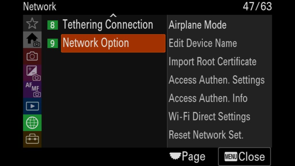 Turning on "Airplane Mode" To Save Battery Life, To turn on Airplane mode, go to the "Network" menu under "9: Network Option," and you will find "Airplane Mode"., For the Sony a1 II by Colby Brown Photography.