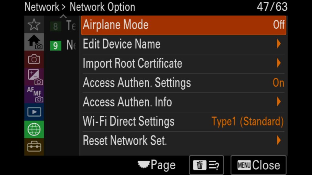 Turning on "Airplane Mode" To Save Battery Life, To turn on Airplane mode, go to the "Network" menu under "9: Network Option," and you will find "Airplane Mode"., For the Sony a1 II by Colby Brown Photography.