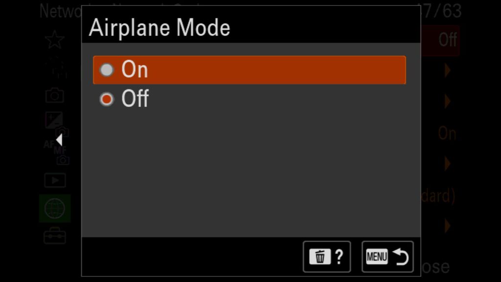 Turning on "Airplane Mode" To Save Battery Life, To turn on Airplane mode, go to the "Network" menu under "9: Network Option," and you will find "Airplane Mode"., For the Sony a1 II by Colby Brown Photography.