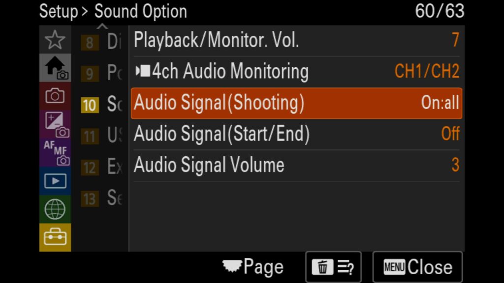 To turn all of those "alerts" off, head to the "Setup" menu and look for "10: Sound Option". There, you will see three "Audio Signal" settings. Make sure "Shooting" and "Start/End" are set to "Off", For the Sony a1 II by Colby Brown Photography.