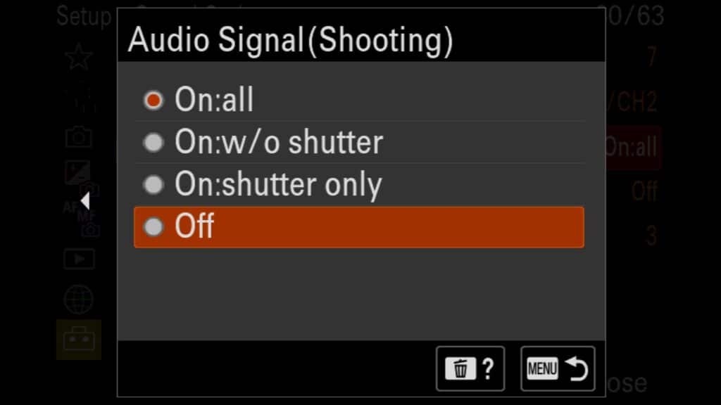 To turn all of those "alerts" off, head to the "Setup" menu and look for "10: Sound Option". There, you will see three "Audio Signal" settings. Make sure "Shooting" and "Start/End" are set to "Off", For the Sony a1 II by Colby Brown Photography.