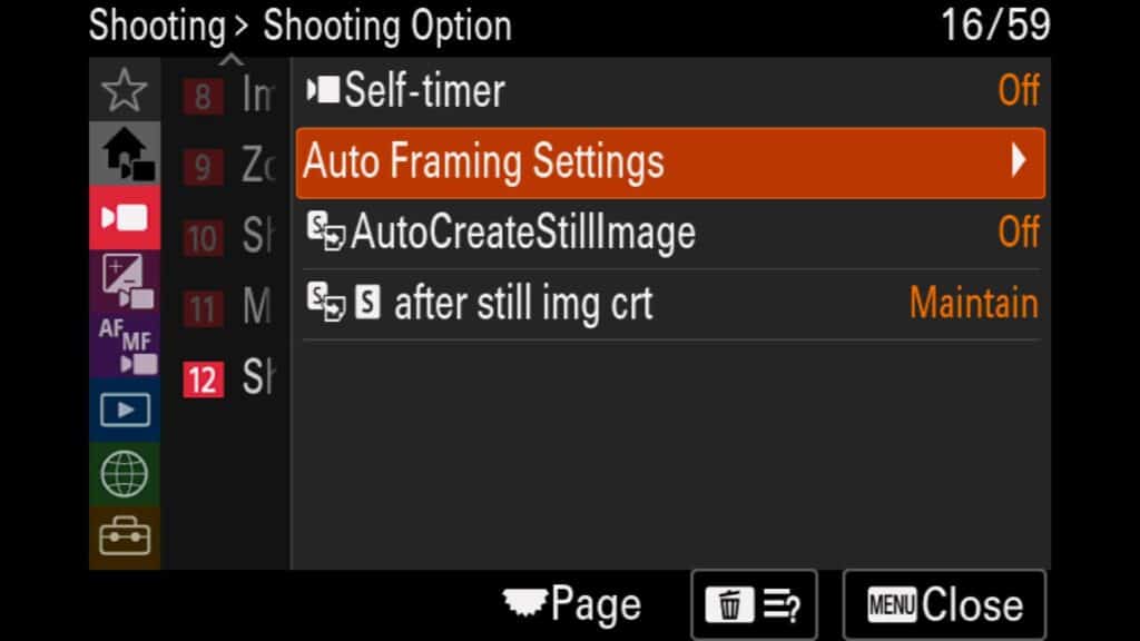 Auto Framing - Turning the feature On or Off. Framing Oper. Mode - Helps you decide when to engage the feature Crop Level - Large, Medium or Small crop into your subject as it moves around the frame. Framing Tracking Speed - Adjusts the speed your subject is tracked. 1 for Slow to 5 for Fast. Move Rec/Streaming - Sets whether to crop videos being recorded to the camera or via streaming using the a1 II. HDMI Output - Sets whether to crop the videos being output to HDMI for external recording with the a1 II with Auto Framing turned on.