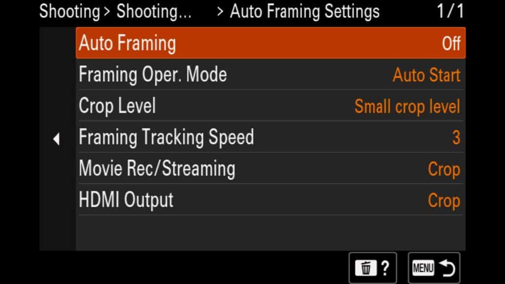 Auto Framing - Turning the feature On or Off. Framing Oper. Mode - Helps you decide when to engage the feature Crop Level - Large, Medium or Small crop into your subject as it moves around the frame. Framing Tracking Speed - Adjusts the speed your subject is tracked. 1 for Slow to 5 for Fast. Move Rec/Streaming - Sets whether to crop videos being recorded to the camera or via streaming using the a1 II. HDMI Output - Sets whether to crop the videos being output to HDMI for external recording with the a1 II with Auto Framing turned on.