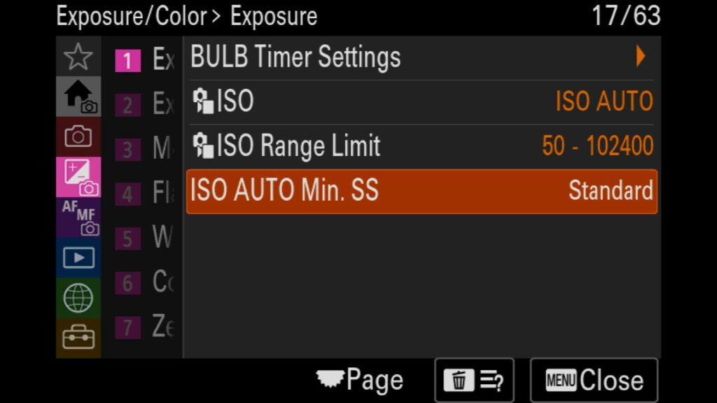 Changing the ISO Auto Minimum Shutter Speed Settings, These settings are in the "Exposure/Color" menu under "1: Exposure". There, you will find "ISO AUTO Min. SS". Once inside the setting, you can pick from a preset group (Slower, Slow, Standard, Fast, or Faster) or manually select a Shutter Speed from 16000 to 30 seconds. For the Sony a1 II by Colby Brown Photography.