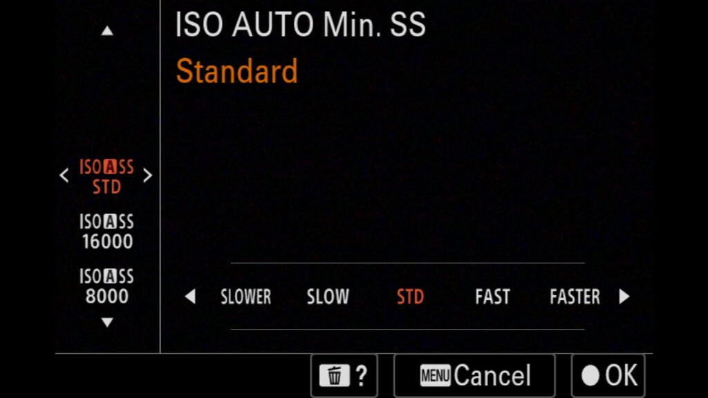 Changing the ISO Auto Minimum Shutter Speed Settings, These settings are in the "Exposure/Color" menu under "1: Exposure". There, you will find "ISO AUTO Min. SS". Once inside the setting, you can pick from a preset group (Slower, Slow, Standard, Fast, or Faster) or manually select a Shutter Speed from 16000 to 30 seconds. For the Sony a1 II by Colby Brown Photography.