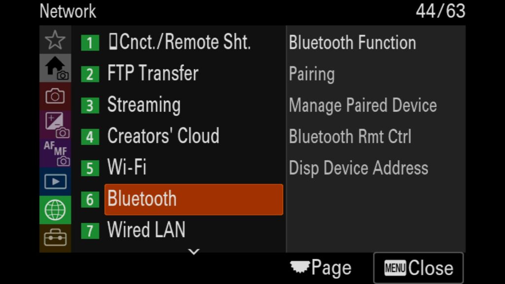 Using a Wireless Bluetooth Remote, This setting is in the "Network" menu under "6: Bluetooth," where you will find "Bluetooth Rmt Ctrl", For the Sony a1 II by Colby Brown Photography.