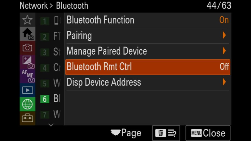 Using a Wireless Bluetooth Remote, This setting is in the "Network" menu under "6: Bluetooth," where you will find "Bluetooth Rmt Ctrl", For the Sony a1 II by Colby Brown Photography.