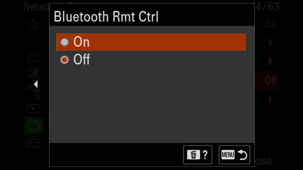 Using a Wireless Bluetooth Remote, This setting is in the "Network" menu under "6: Bluetooth," where you will find "Bluetooth Rmt Ctrl", For the Sony a1 II by Colby Brown Photography.