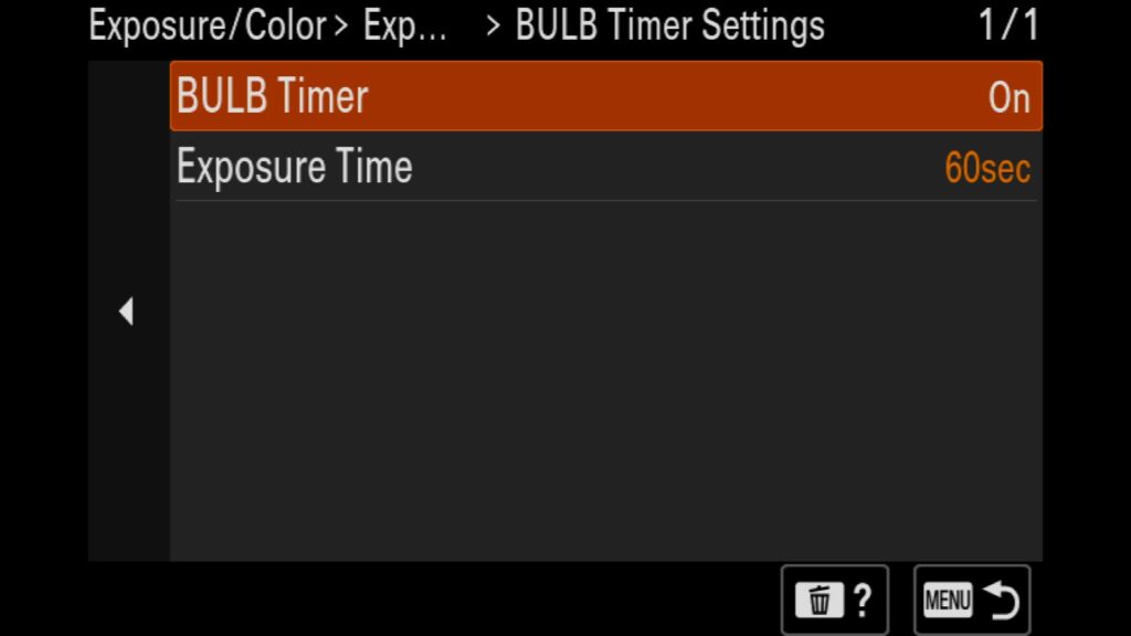 Adjusting the Bulb Timer Settings, These settings are in the "Exposure/Color" menu under "1: Exposure". There you will find "BULB Timer Settings". For the Sony a1 II by Colby Brown Photography.