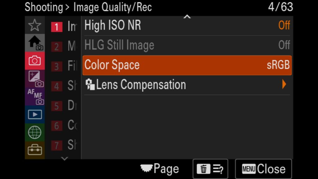 These settings can be found under the "Shooting" menu, under "1: Image Quality," and on the second page (scroll down) under "Color Space." - from the The Sony a1 II by Colby Brown Photography