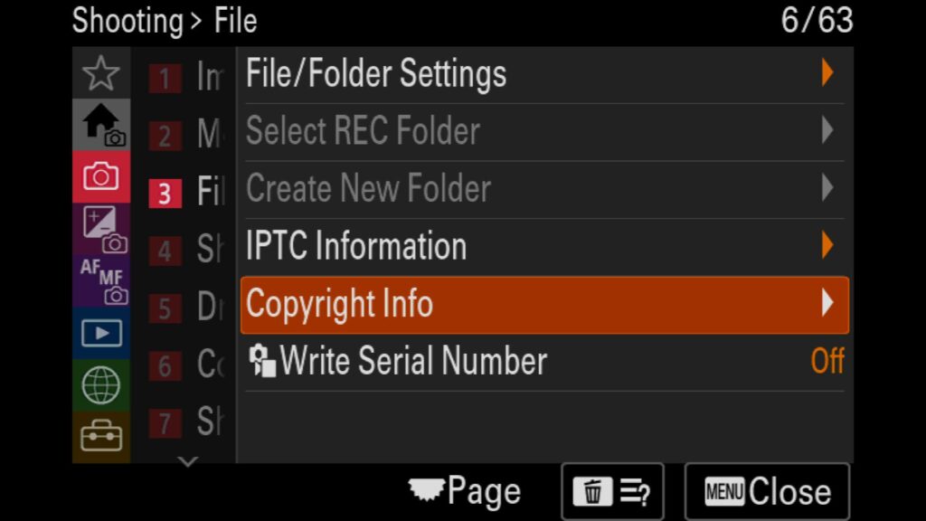 These settings can be found under the "Shooting" menu, under "3: File," and under "Copyright Info". - from the The Sony a1 II by Colby Brown Photography