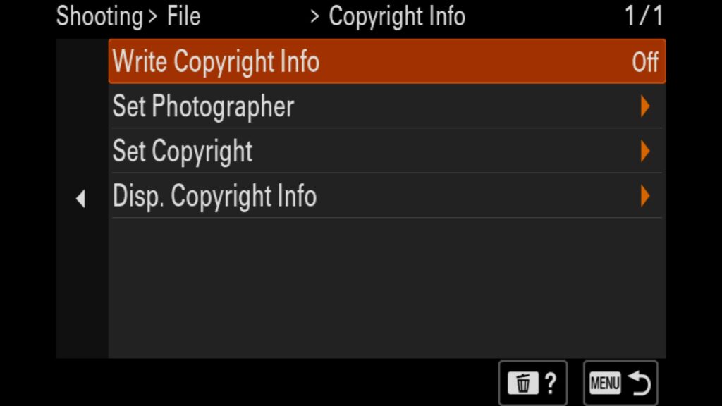 These settings can be found under the "Shooting" menu, under "3: File," and under "Copyright Info". - for the Sony a1 II by Colby Brown Photography