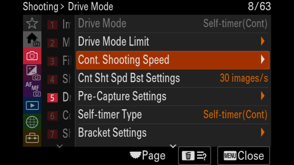 Drive Mode, Changing the Shooting Speed Modes, To adjust these settings, head to the "Shooting" menu and look for "5: Drive Mode". You will find the "Cont. Shooting Speed" menu item there. For the Sony a1 II by Colby Brown Photography.