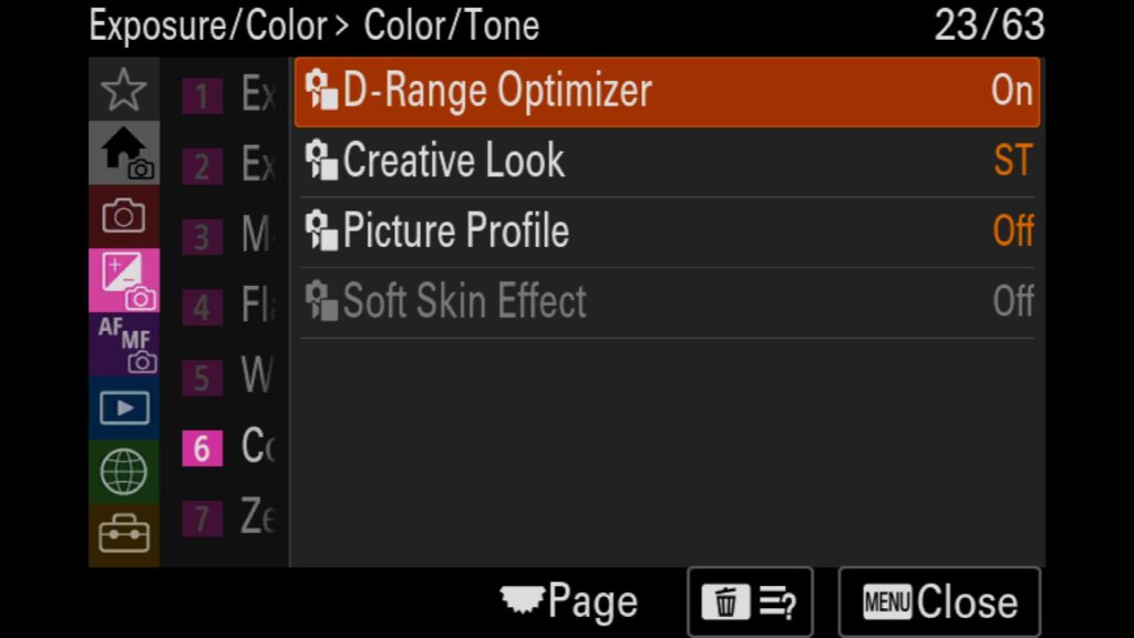 Turning Off the D-Range Optimizer, These settings are in the "Exposure/Color" menu under "6: Color/Tone". There, you will find "D-Range Optimizer". For the Sony a1 II by Colby Brown Photography.