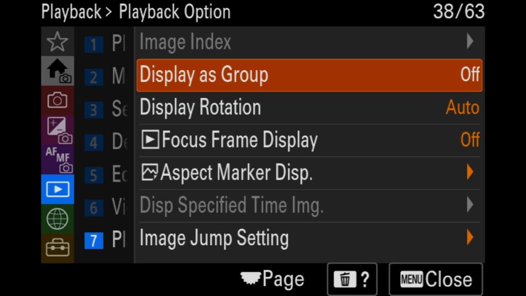 Grouping Images from a Burst Together, This setting is in the "Playback" menu under "7: Playback Option," where you will find "Display as Group". For the Sony a1 II by Colby Brown Photography.