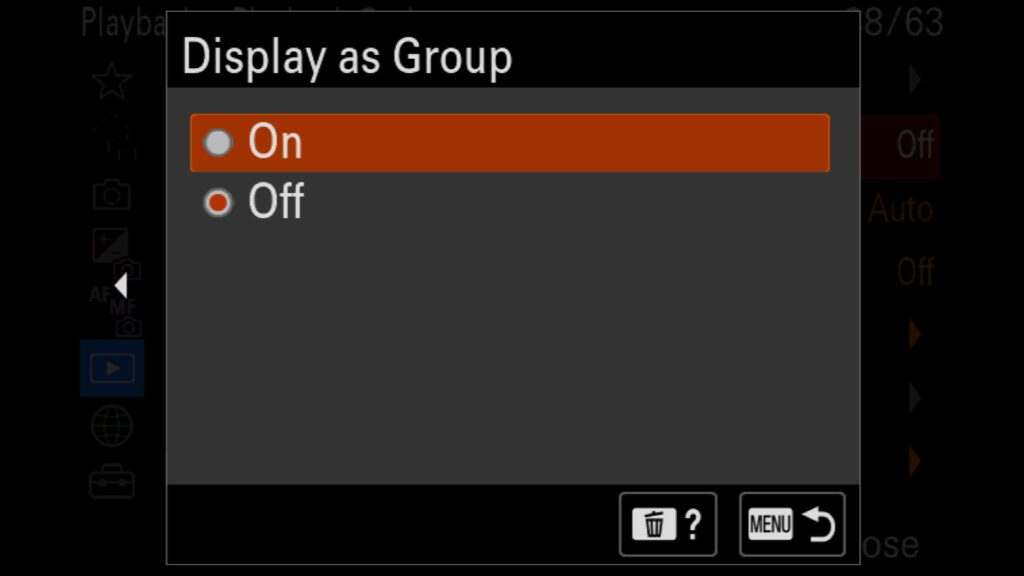 Grouping Images from a Burst Together, This setting is in the "Playback" menu under "7: Playback Option," where you will find "Display as Group". For the Sony a1 II by Colby Brown Photography.