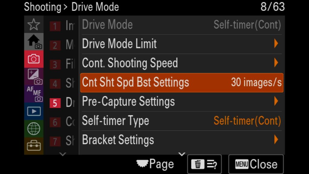 Customize The Continuous Shooting Speed Shift Button, You can find this setting in the "Shooting" menu under "5: Drive Mode". There, you will see "Cont Sht Spd Bst Settings." For the Sony a1 II by Colby Brown Photography.