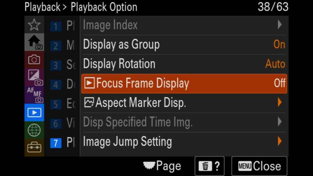 Displaying The AF Point On Images Already Captured, This setting is in the "Playback" menu under "7: Playback Option," where you will find "Focus Frame Display". For the Sony a1 II by Colby Brown Photography.