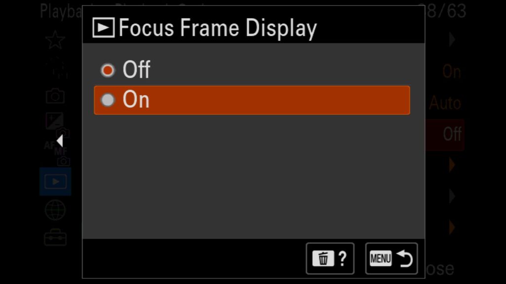 Displaying The AF Point On Images Already Captured, This setting is in the "Playback" menu under "7: Playback Option," where you will find "Focus Frame Display". For the Sony a1 II by Colby Brown Photography.