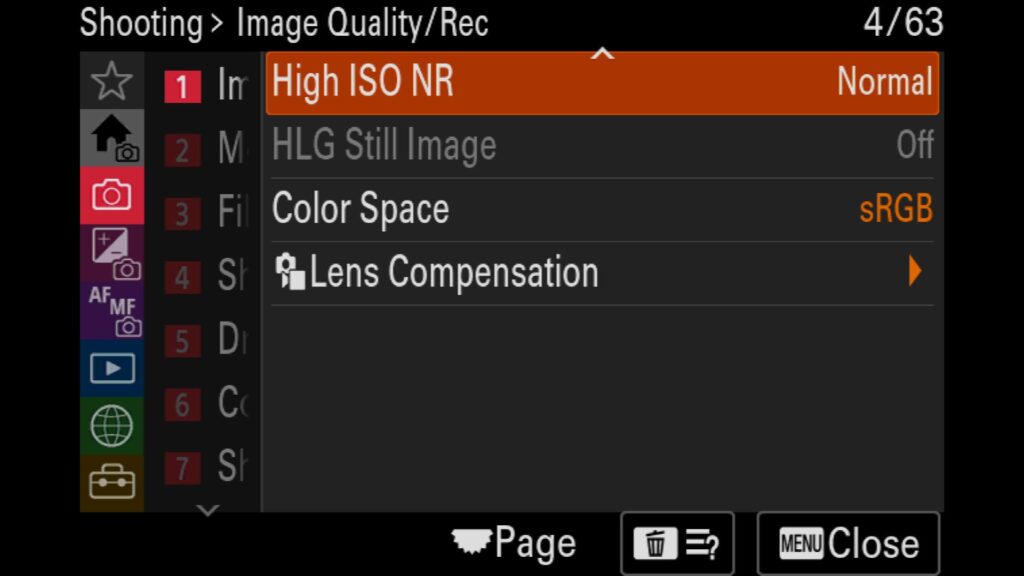 These settings can be found under the "Shooting" menu, under "1: Image Quality," and on the second page (scroll down) under "High ISO NR." - for the Sony a1 II by Colby Brown Photography