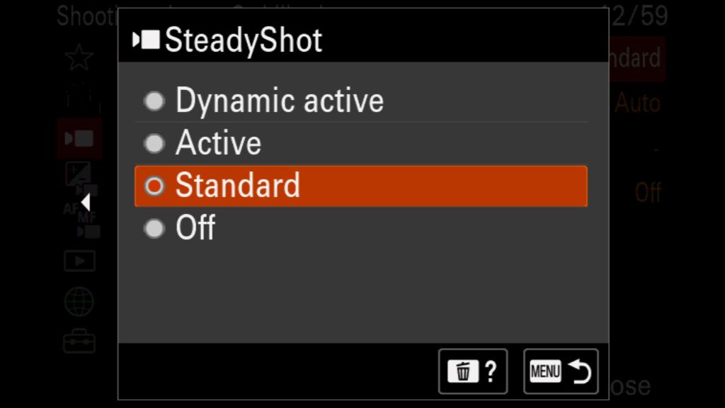 Dynamic Active - New to the a1 II. It includes a more aggressive crop to stabilize the video. Good for highly active scenes, such as walking with the camera while following a subject. Active - An increased amount of stabilization that requires a small crop into the frame. Good for small amounts of movement. Standard - A small amount of of stabilization with no crop. Good for micro movements, such as shooting from a tripod or stabilizer. Off - No stabilization applied to your video.