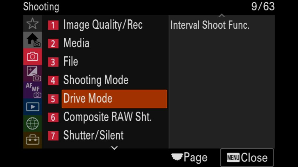 Understanding the Interval Shoot Func. Menu (Timelapse Mode), All of these settings can be found in the "Shooting" menu under "5: Drive Mode". From there, scroll down to the second page and find "Interval Shoot Func." For the Sony a1 II by Colby Brown Photography