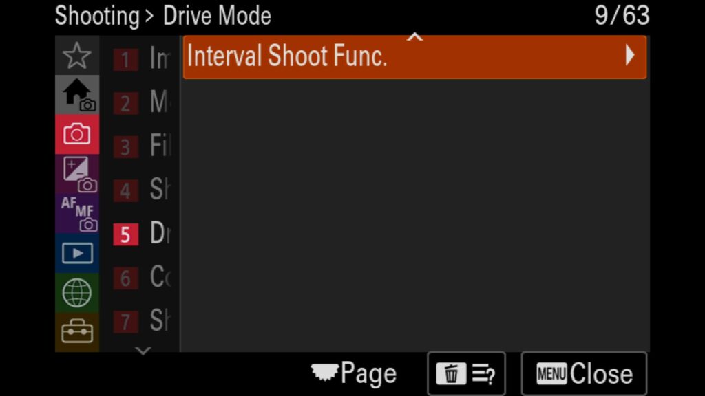 Understanding the Interval Shoot Func. Menu (Timelapse Mode), All of these settings can be found in the "Shooting" menu under "5: Drive Mode". From there, scroll down to the second page and find "Interval Shoot Func." For the Sony a1 II by Colby Brown Photography