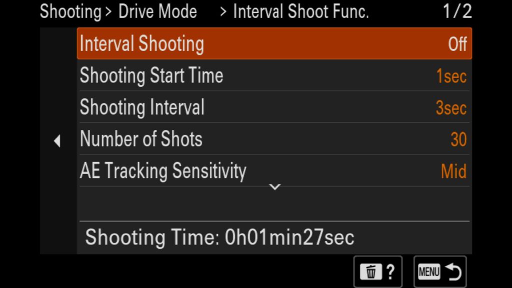 Understanding the Interval Shoot Func. Menu (Timelapse Mode), All of these settings can be found in the "Shooting" menu under "5: Drive Mode". From there, scroll down to the second page and find "Interval Shoot Func." For the Sony a1 II by Colby Brown Photography