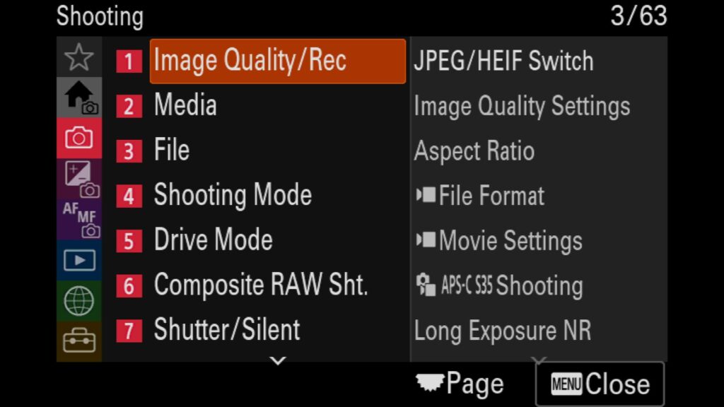 These settings are found in the "Shooting" menu under "1: Image Quality" and "JPEG/HEIF Switch" - For the Sony a1 II - by Colby Brown Photography