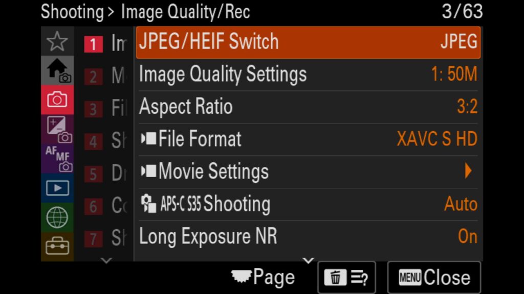 These settings are found in the "Shooting" menu under "1: Image Quality" and "JPEG/HEIF Switch" - For the Sony a1 II - by Colby Brown Photography