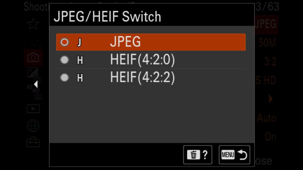 These settings are found in the "Shooting" menu under "1: Image Quality" and "JPEG/HEIF Switch" - for the Sony a1 II - by Colby Brown Photography