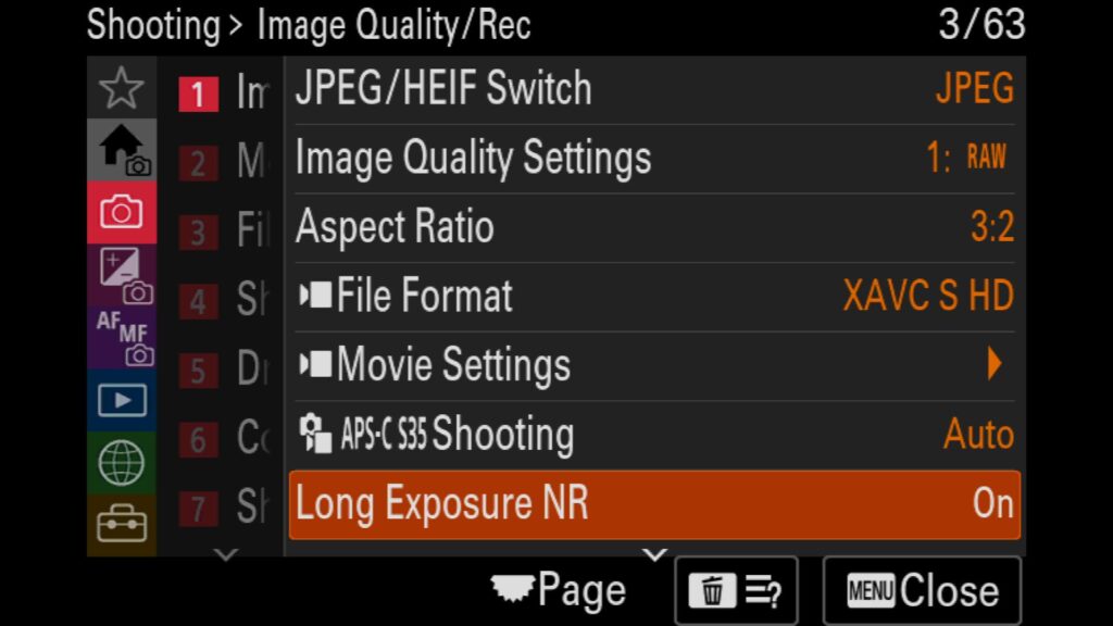 These settings can be found under the "Shooting" menu, under "1: Image Quality" and "Long Exposure NR" - for the Sony a1 II - by Colby Brown Photography