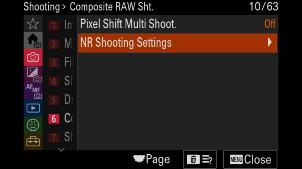 Using the Noise Reduction Mode (New to the Sony a1 II), These settings are in the "Shooting" menu under "6: Composite RAW Sht.". There you will find "NR Shooting Settings.". For the Sony a1 II by Colby Brown Photography