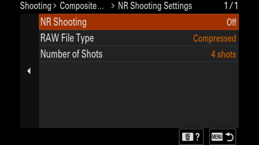 Using the Noise Reduction Mode (New to the Sony a1 II), These settings are in the "Shooting" menu under "6: Composite RAW Sht.". There you will find "NR Shooting Settings.". For the Sony a1 II by Colby Brown Photography