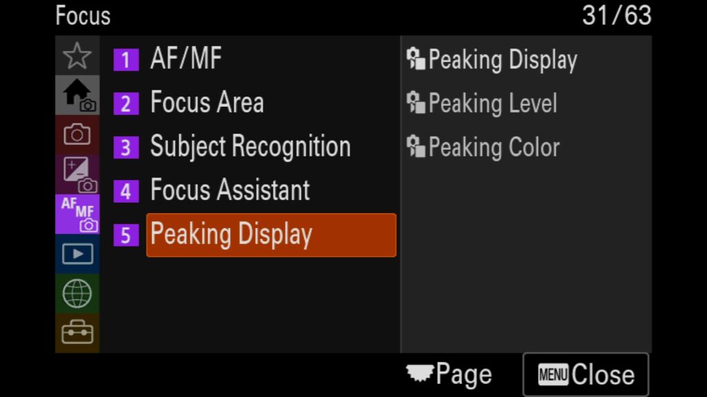 Adjusting the Focus Peaking Settings For Manual Focus, These settings are in the "Focus" menu under "5: Peaking Display". For the Sony a1 II by Colby Brown Photography.