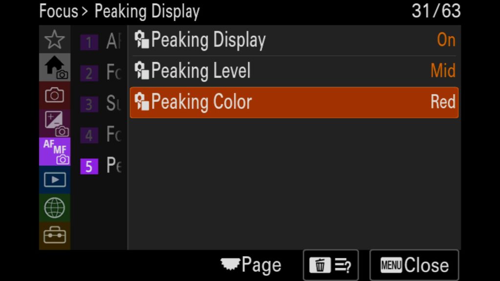 Adjusting the Focus Peaking Settings For Manual Focus, These settings are in the "Focus" menu under "5: Peaking Display". For the Sony a1 II by Colby Brown Photography.