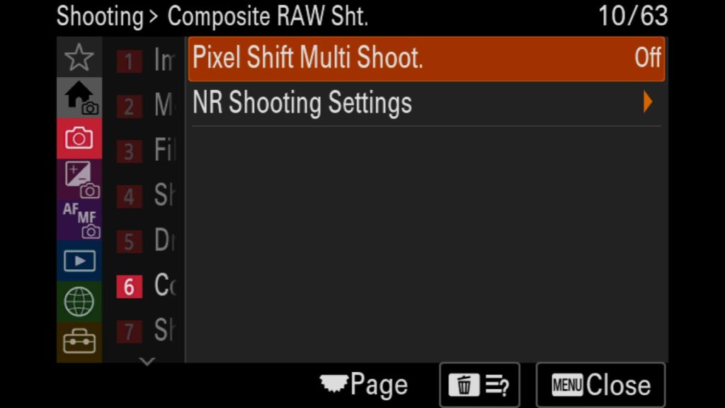 Using the Pixel Shift Mode, These settings are in the "Shooting" menu under "6: Composite RAW Sht.". There you will find "Pixel Shift Multi Shoot". For the Sony a1 II by Colby Brown Photography