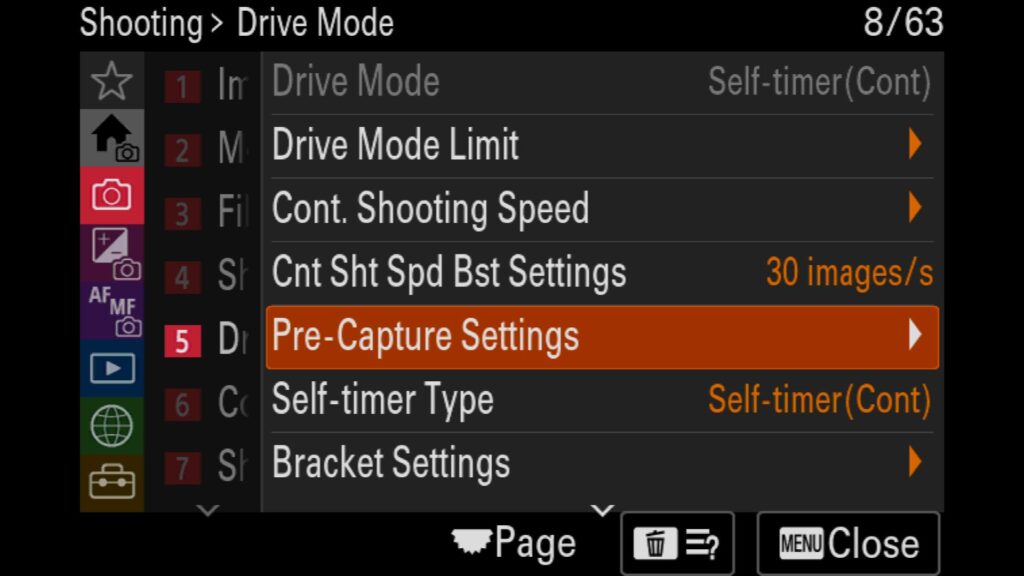 These settings are in the "Shooting" menu under the "5: Drive Mode" menu. There you can find "Pre-Capture Settings" and the following options: