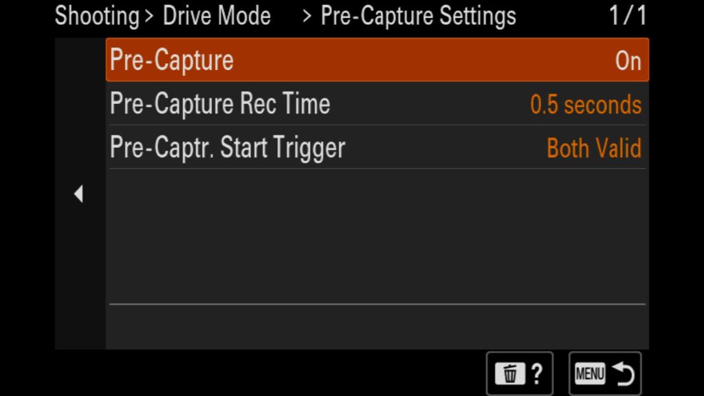 Pre-Capture - Turn this feature on or off. You can also customize a button on the a1 II to turn this settings on or off.