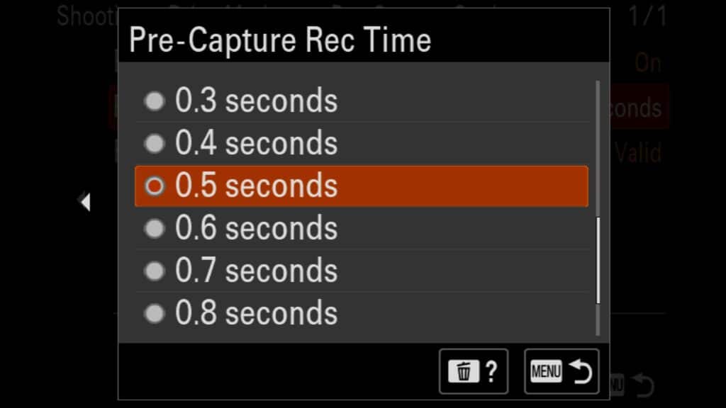 Pre-Capture Rec Time - Set the length of the Pre-Capture image buffer between .03 seconds up to 1 full second.