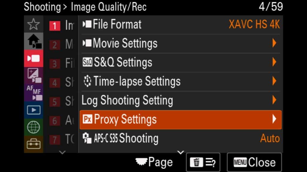 Proxy Settings, Proxy Recording - Turn Proxy video recording on or off. Proxy File Format - Choose to shoot in XAVC HS HD (1920x1080) or XAVC S HD (1280x720). Proxy Rec. Settings - These settings will vary depending on the above settings plus what Rec. Frame Rate you are shooting at.