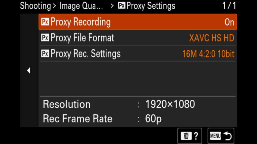 Proxy Settings, Proxy Recording - Turn Proxy video recording on or off. Proxy File Format - Choose to shoot in XAVC HS HD (1920x1080) or XAVC S HD (1280x720). Proxy Rec. Settings - These settings will vary depending on the above settings plus what Rec. Frame Rate you are shooting at.