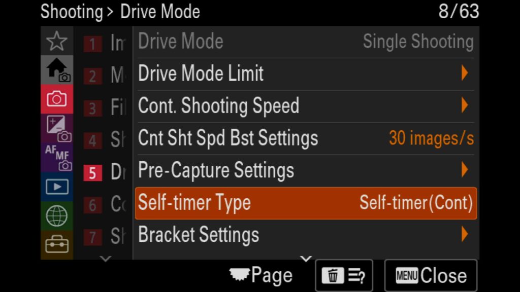 How To Change The Self-Timer Settings, You can choose between a 2, 5, or 10-second delay before taking your image. For the Sony a1 II by Colby Brown Photography - You can find this setting in the "Shooting" menu under "5: Drive Mode." Look for "Self-timer Type."