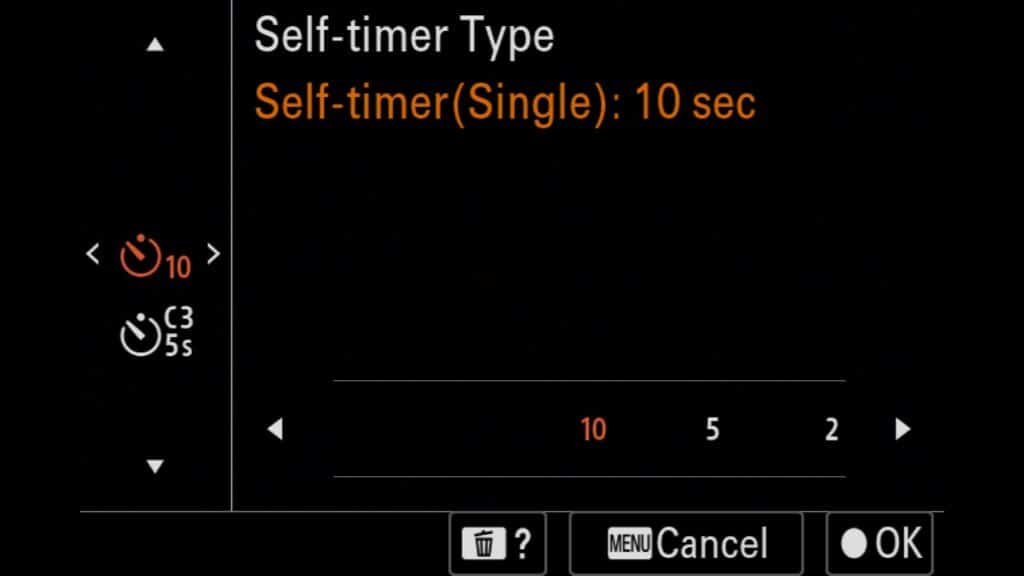 How To Change The Self-Timer Settings, You can choose between a 2, 5, or 10-second delay before taking your image. For the Sony a1 II by Colby Brown Photography - You can find this setting in the "Shooting" menu under "5: Drive Mode." Look for "Self-timer Type."