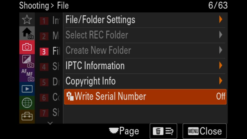 You can change the settings found in the "Shooting" menu under "3: File" and under "Write Serial Number." For The Sony a1 II by Colby Brown Photography