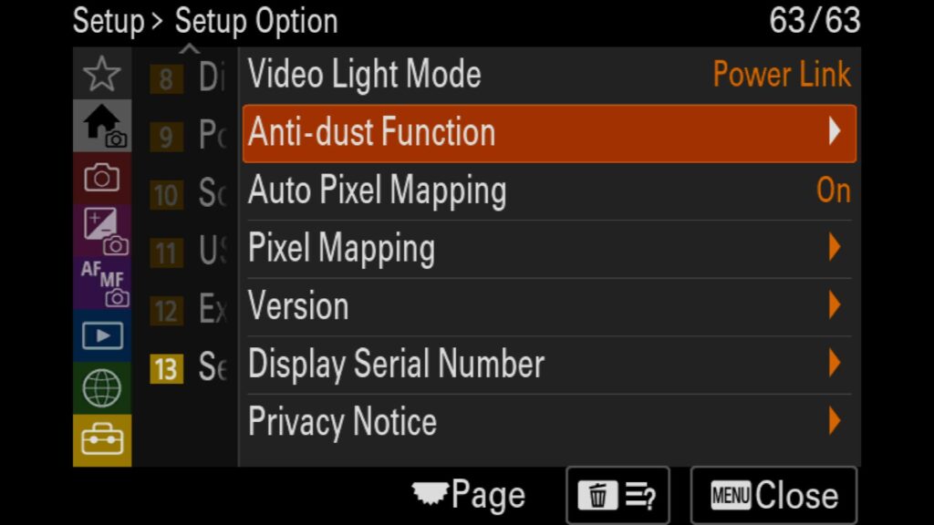 Closing The Shutter When The Camera Is Turned Off, To turn on this setting, navigate to the "Setup" menu and find "13: Setup Option". You will select the "Anti-dust Function" option there before turning on the "Shutter When Pwr OFF" setting, For the Sony a1 II by Colby Brown Photography.