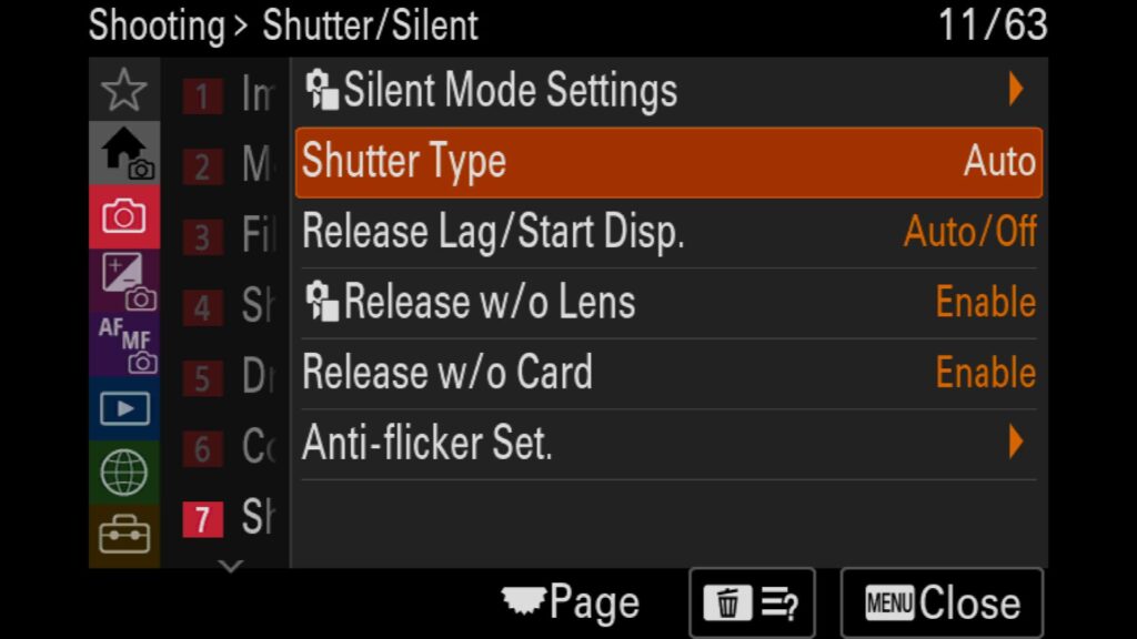 Manually Selecting Mechanical or Electronic Shutter, You can find these settings in the "Shooting" menu under "7: Shutter/Silent". There you will see "Shutter Type". For the Sony a1 II by Colby Brown Photography