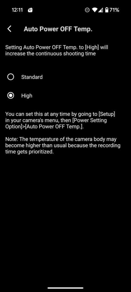 Auto Power OFF Temp. - By default Sony has the heat warning and shutdown temperature set pretty conservatively. For the Sony a1 II Creators App - by Colby Brown Photography